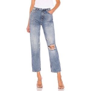 Free People Dakota Straight-Leg Indigo Blue High Rise Distressed Jean Size 29
